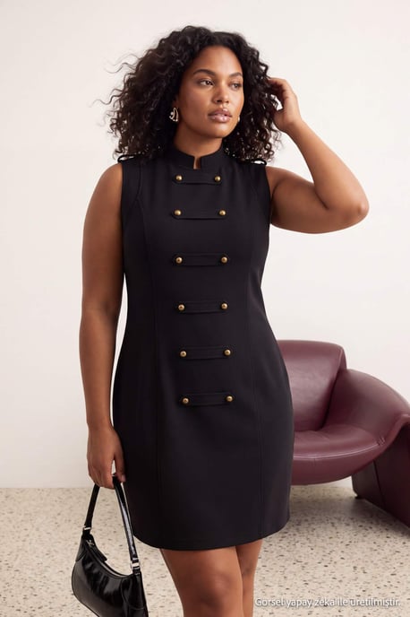 Trendyol Curve Damen Schwarz Einfarbig Kurz / Mini Ärmellos A-Linie Große Größen Kleid - Image 2