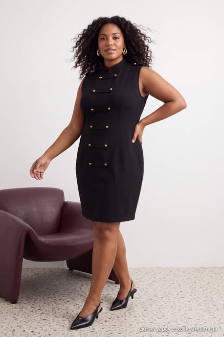 Trendyol Curve Damen Schwarz Einfarbig Kurz / Mini Ärmellos A-Linie Große Größen Kleid - Image 6