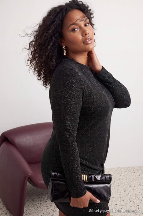 Trendyol Curve Damen Schwarz Einfarbig Kurz / Mini Lang Bodycon Große Größen Kleid - Image 1