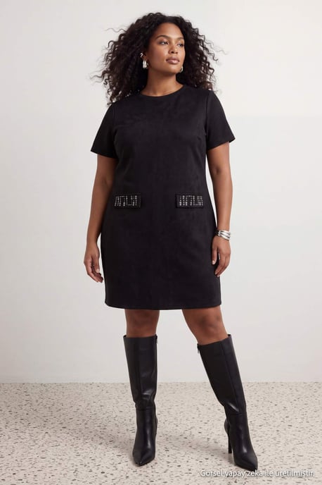 Trendyol Curve Damen Schwarz Einfarbig Kurz / Mini Kurz Etui-Schnitt Große Größen Kleid - Image 6