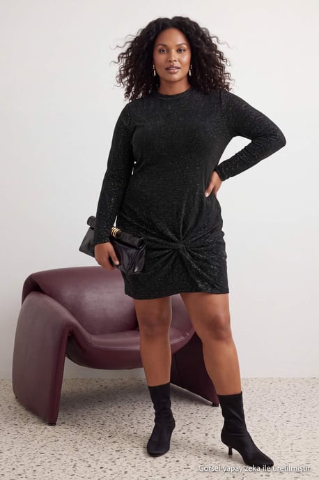 Trendyol Curve Damen Schwarz Einfarbig Kurz / Mini Lang Bodycon Große Größen Kleid - Image 3