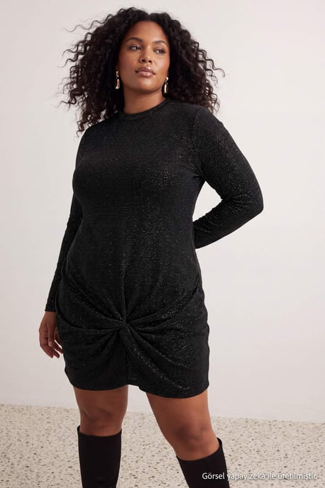 Trendyol Curve Damen Schwarz Einfarbig Kurz / Mini Lang Bodycon Große Größen Kleid - Image 6