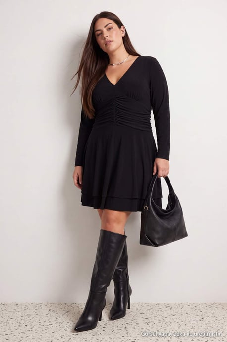 Trendyol Curve Damen Schwarz Einfarbig Kurz / Mini Lang Skater Große Größen Kleid - Image 2