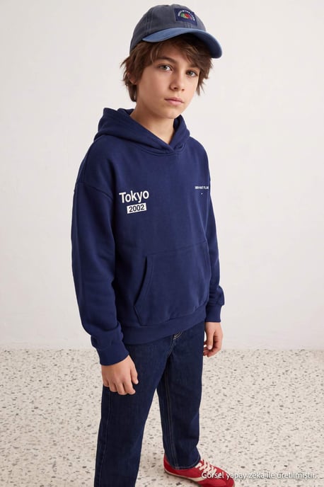 TRENDYOLKIDS Jungen Dunkelblau Einfarbig Lang, Regular Fit Sweatshirts - Image 1
