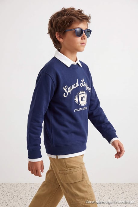 TRENDYOLKIDS Jungen Dunkelblau Einfarbig Lang, Regular Fit Sweatshirts - Image 3