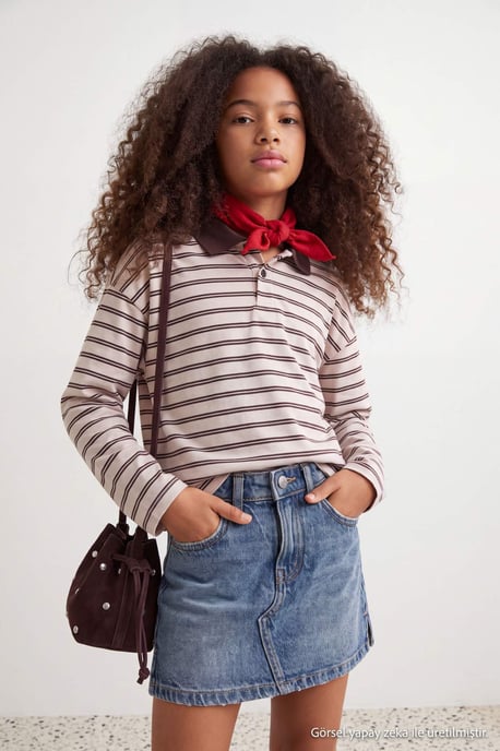 TRENDYOLKIDS Mädchen Braun Gestreift Lang, Regular Fit Sweatshirts - Image 1