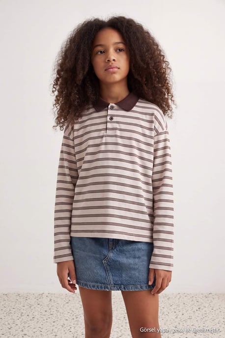TRENDYOLKIDS Mädchen Braun Gestreift Lang, Regular Fit Sweatshirts - Image 2