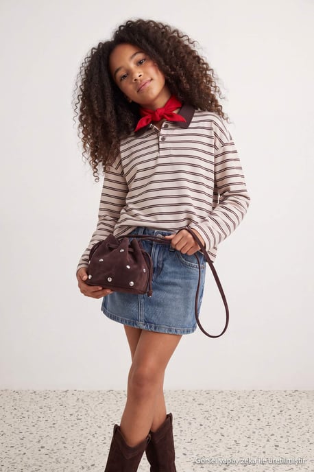 TRENDYOLKIDS Mädchen Braun Gestreift Lang, Regular Fit Sweatshirts - Image 6