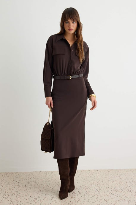 TRENDYOLMİLLA Damen Braun Einfarbig Maxi Lang Bodycon Kleider - Image 4