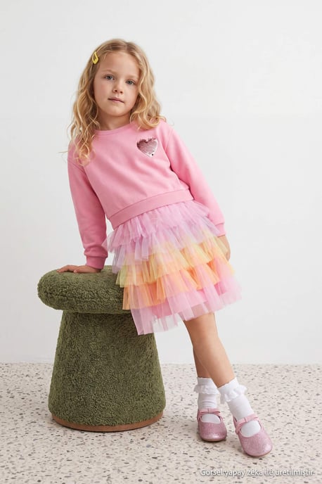 TRENDYOLKIDS Mädchen Rosa Mit Grafikprint Midi Lang A-Linie Kleider - Image 1