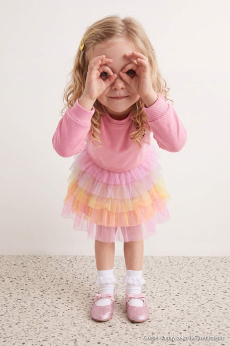 TRENDYOLKIDS Mädchen Rosa Mit Grafikprint Midi Lang A-Linie Kleider - Image 6