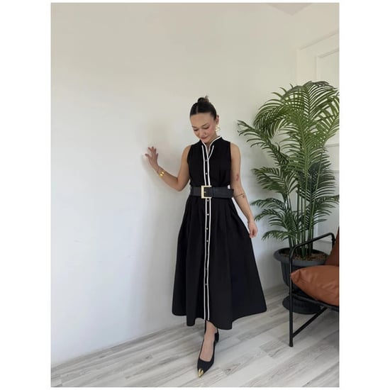 Schwarzes Damenkleid mit Gürtel und Paspelierung - Image 2