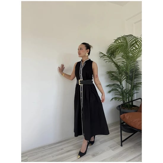 Schwarzes Damenkleid mit Gürtel und Paspelierung - Image 3