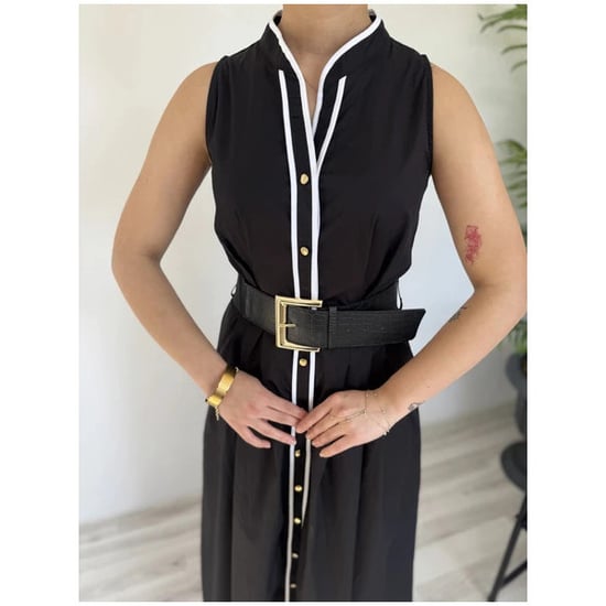 Schwarzes Damenkleid mit Gürtel und Paspelierung - Image 4