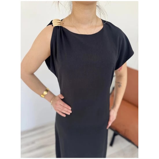 Damenkleid mit Schulterapplikation, Schwarz - Image 3