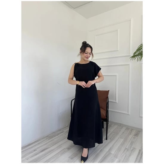 Damenkleid mit Schulterapplikation, Schwarz - Image 4