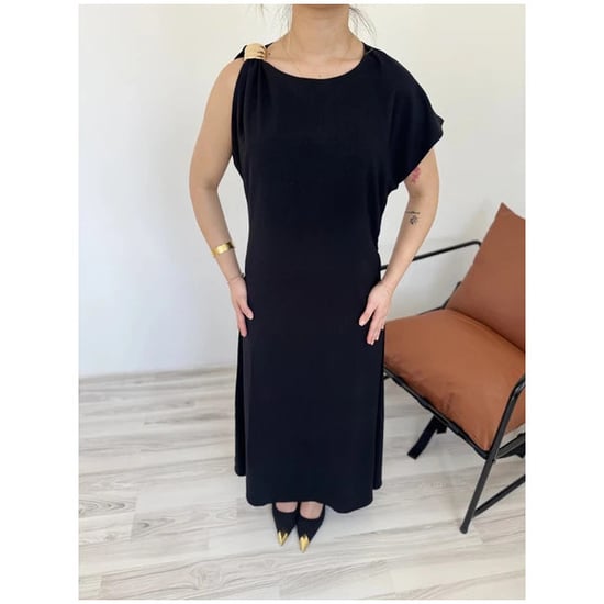 Damenkleid mit Schulterapplikation, Schwarz - Image 5