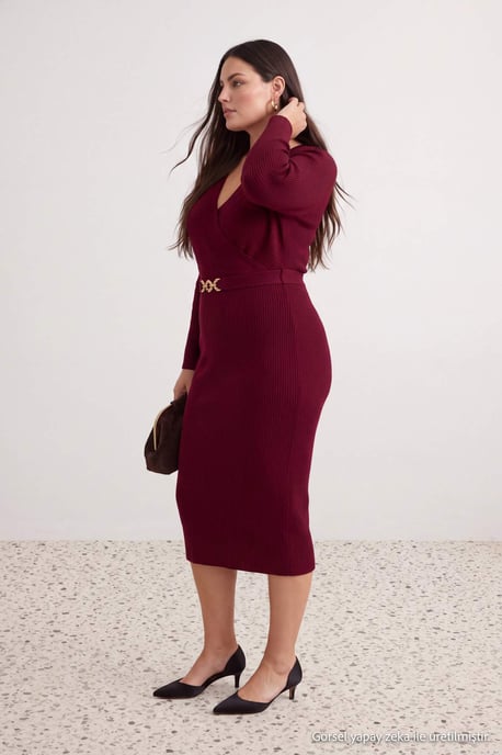 Trendyol Curve Damen Bordeaux Einfarbig Maxi Lang Etui-Schnitt Große Größen Kleid - Image 3