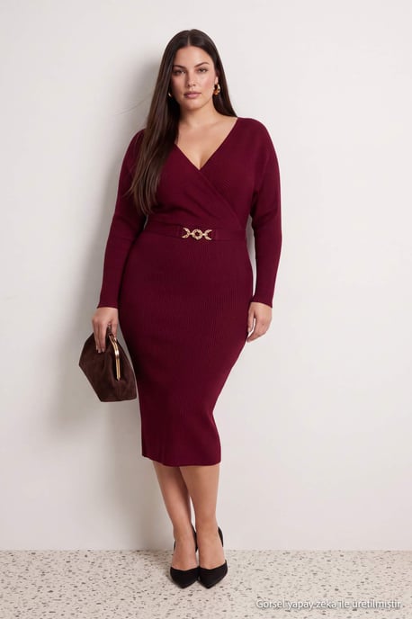 Trendyol Curve Damen Bordeaux Einfarbig Maxi Lang Etui-Schnitt Große Größen Kleid - Image 4