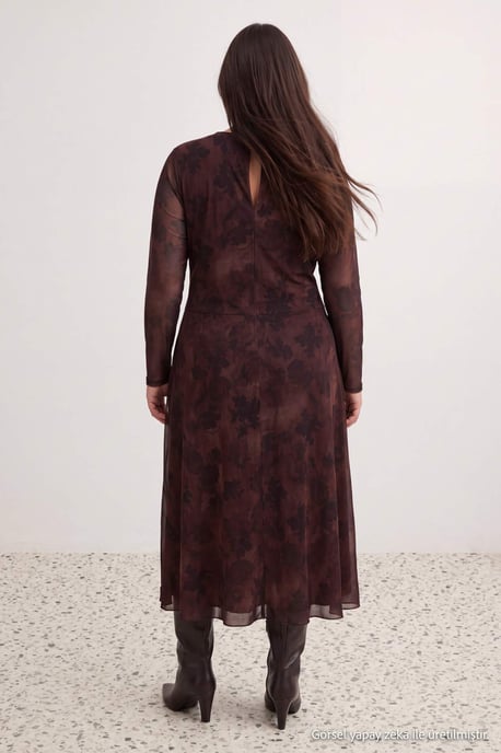 Trendyol Curve Damen Braun Mit Grafikprint Maxi Lang A-Linie Große Größen Kleid - Image 3