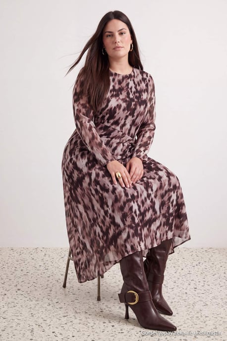 Trendyol Curve Damen Braun Mit Grafikprint Maxi Lang A-Linie Große Größen Kleid - Image 2