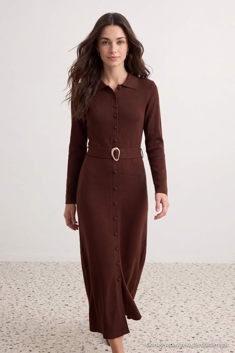 Trendyol Modest Damen Braun Einfarbig Maxi Lang A-Linie Modest Kleider - Image 4