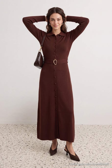 Trendyol Modest Damen Braun Einfarbig Maxi Lang A-Linie Modest Kleider - Image 5