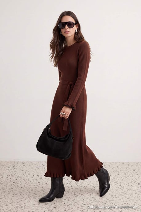 Trendyol Modest Damen Braun Einfarbig Maxi Lang Etui-Schnitt Modest Kleider - Image 2