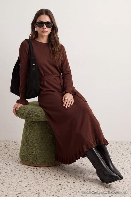 Trendyol Modest Damen Braun Einfarbig Maxi Lang Etui-Schnitt Modest Kleider - Image 6
