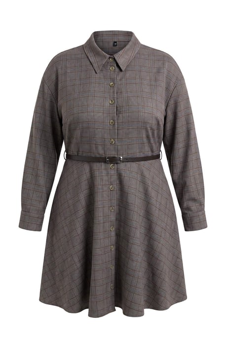 Trendyol Curve Damen Braun Kariert Kurz / Mini Lang A-Linie Große Größen Kleid - Image 3