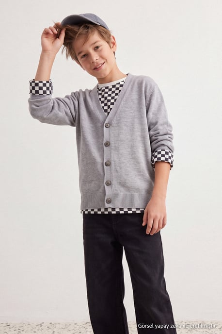 TRENDYOLKIDS Jungen Grau Einfarbig 3/4-Ärmel Regular Fit Cardigans - Image 1