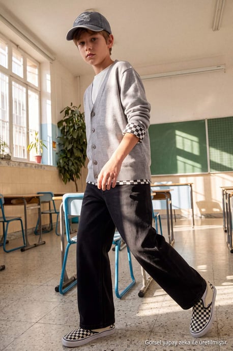 TRENDYOLKIDS Jungen Grau Einfarbig 3/4-Ärmel Regular Fit Cardigans - Image 6