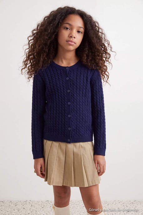 TRENDYOLKIDS Mädchen Dunkelblau Zopfmuster Lang, Regular Fit Cardigans - Image 2