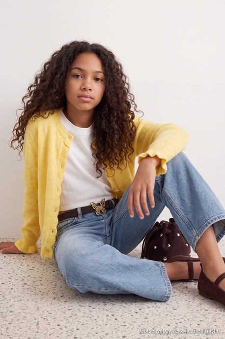 TRENDYOLKIDS Mädchen Gelb Einfarbig Lang, Tailliert Cardigans - Image 2