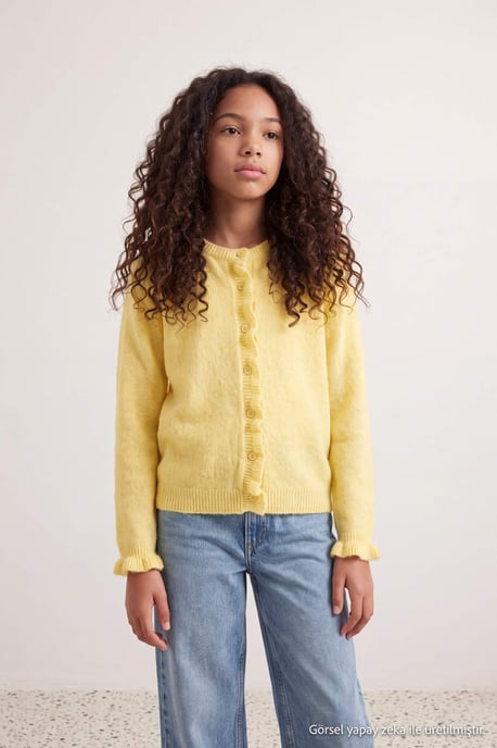 TRENDYOLKIDS Mädchen Gelb Einfarbig Lang, Tailliert Cardigans - Image 3