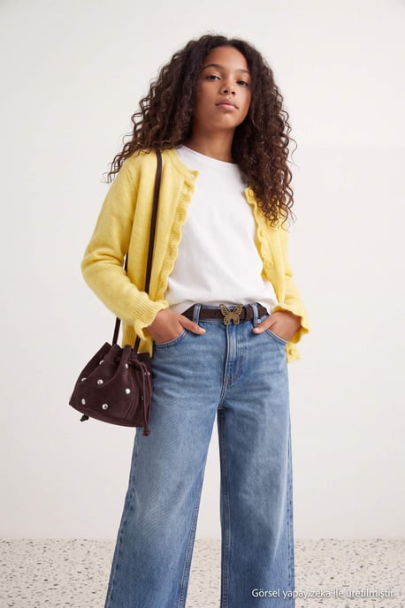 TRENDYOLKIDS Mädchen Gelb Einfarbig Lang, Tailliert Cardigans - Image 4