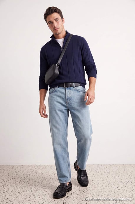 TRENDYOL MAN Herren Dunkelblau Gestreift Lang, Regular Fit Pullover - Image 2