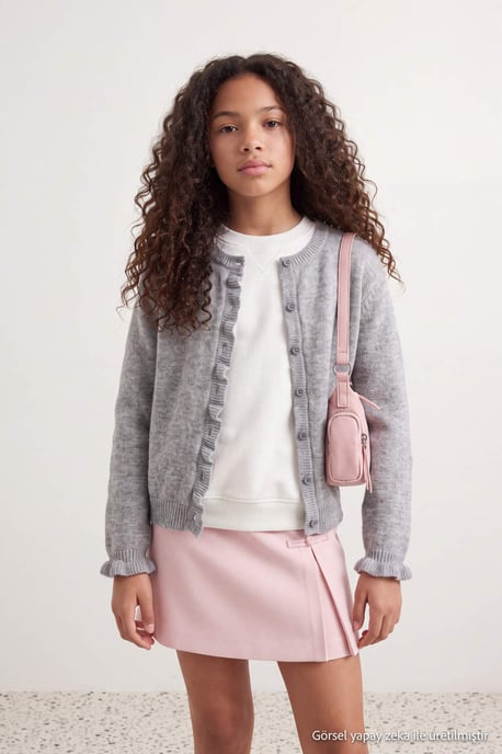 TRENDYOLKIDS Mädchen Grau Einfarbig Lang, Tailliert Cardigans - Image 1