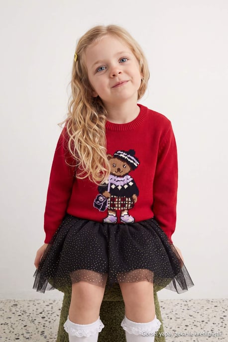 TRENDYOLKIDS Mädchen Rot Mit Grafikprint Lang, Regular Fit Pullover - Image 1