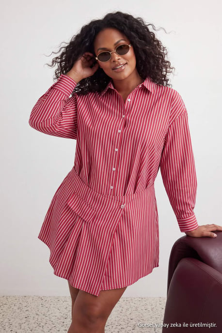 Trendyol Curve Damen Bordeaux Gestreift Kurz / Mini Lang A-Linie Große Größen Kleid - Image 3
