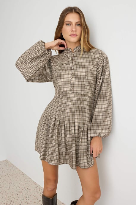 TRENDYOLMİLLA Damen Braun Kariert Kurz / Mini Lang A-Linie Kleider - Image 4