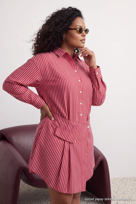 Trendyol Curve Damen Bordeaux Gestreift Kurz / Mini Lang A-Linie Große Größen Kleid - Image 6
