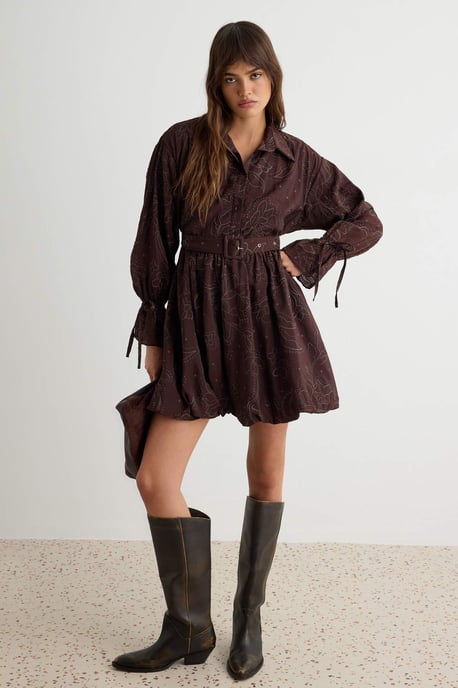 TRENDYOLMİLLA Damen Braun Einfarbig Kurz / Mini Lang Skater Kleider - Image 1