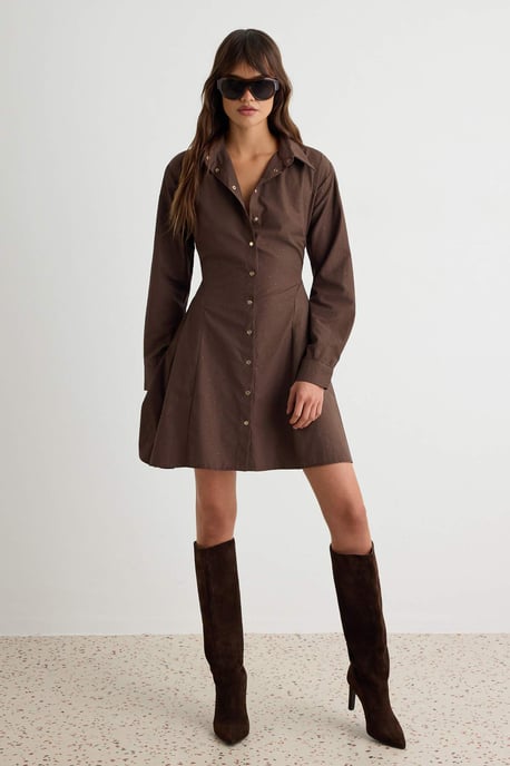 TRENDYOLMİLLA Damen Braun Einfarbig Kurz / Mini Lang Hemdblusenkleid Kleider - Image 1