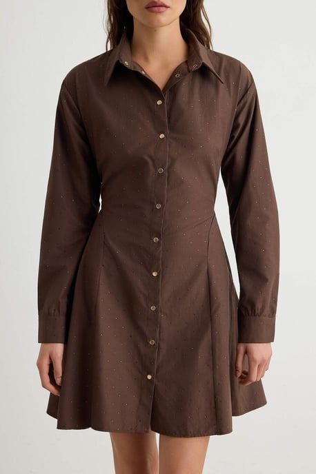 TRENDYOLMİLLA Damen Braun Einfarbig Kurz / Mini Lang Hemdblusenkleid Kleider - Image 2