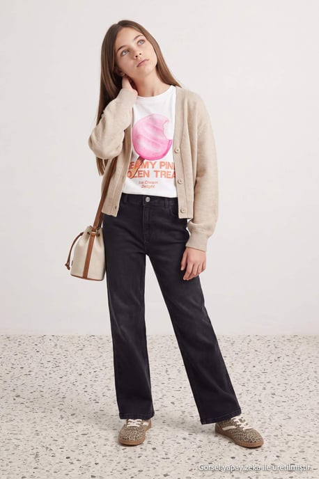 TRENDYOLKIDS Mädchen Grau Mit Grafikprint Hohe Taille Jeans - Image 1