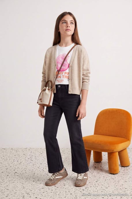 TRENDYOLKIDS Mädchen Grau Mit Grafikprint Hohe Taille Jeans - Image 3