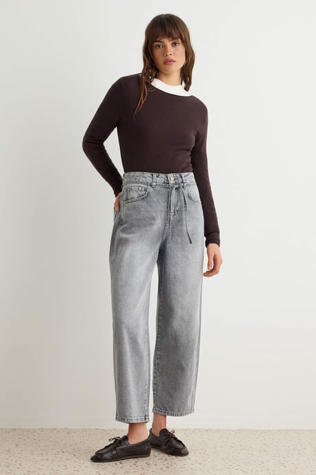 TRENDYOLMİLLA Damen Grau Einfarbig Barrel-Leg Hohe Taille Jeans - Image 1