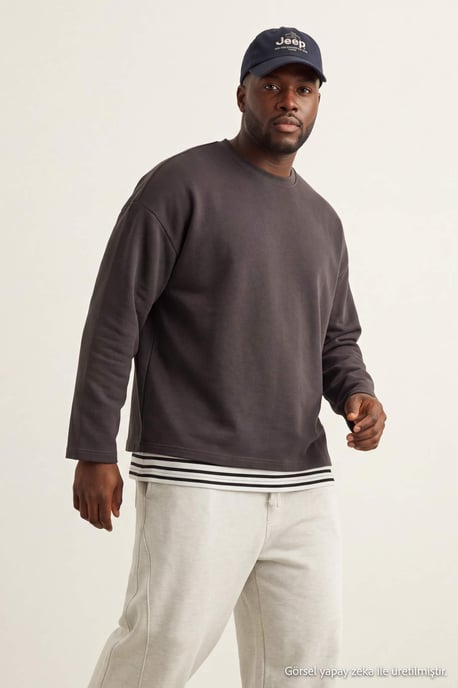 TRENDYOL MAN Herren Grau Einfarbig Lang, Oversize Große Größen Sweatshirts - Image 1