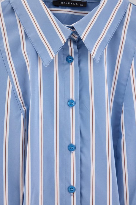 TRENDYOLMİLLA Damen Blau Gestreift Lang, Tailliert Hemden - Image 4